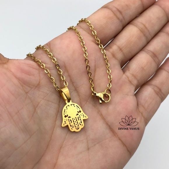 Hamsa Blessed Mother Hand of God Necklace | Gold Plated Stainless Steel - Picture 5 of 7